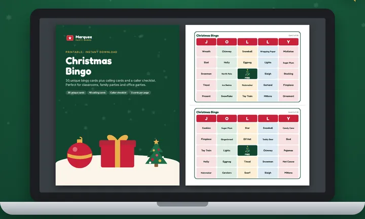 Christmas Bingo: 30 Cards shown on a laptop screen