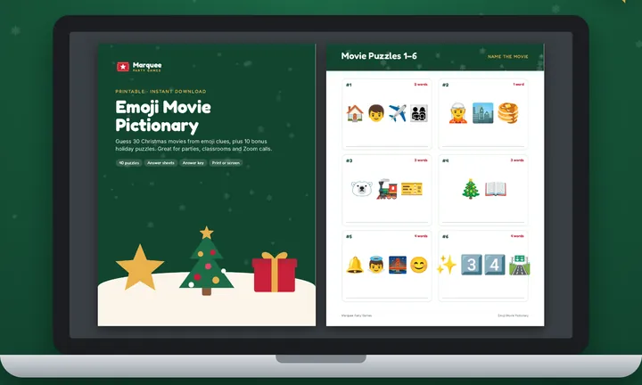 Christmas Movie Emoji Pictionary shown on a laptop screen
