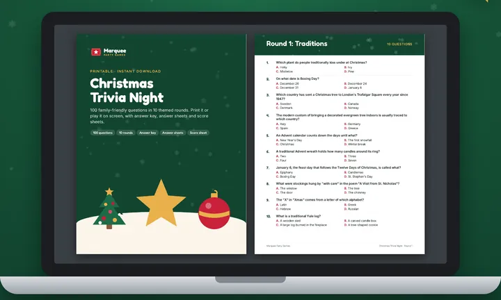 Christmas Trivia Night shown on a laptop screen